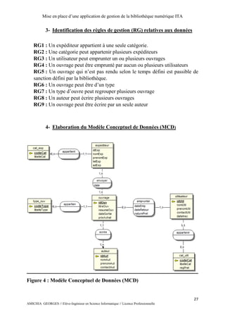 Mise en place d’une application de gestion de la bibliothèque numérique ITA
27
AMICHIA GEORGES // Elève-Ingénieur en Science Informatique // Licence Professionnelle
3- Identification des règles de gestion (RG) relatives aux données
RG1 : Un expéditeur appartient à une seule catégorie.
RG2 : Une catégorie peut appartenir plusieurs expéditeurs
RG3 : Un utilisateur peut emprunter un ou plusieurs ouvrages
RG4 : Un ouvrage peut être emprunté par aucun ou plusieurs utilisateurs
RG5 : Un ouvrage qui n’est pas rendu selon le temps défini est passible de
sanction défini par la bibliothèque.
RG6 : Un ouvrage peut être d’un type
RG7 : Un type d’ouvre peut regrouper plusieurs ouvrage
RG8 : Un auteur peut écrire plusieurs ouvrages
RG9 : Un ouvrage peut être écrire par un seule auteur
4- Elaboration du Modèle Conceptuel de Données (MCD)
Figure 4 : Modèle Conceptuel de Données (MCD)
 