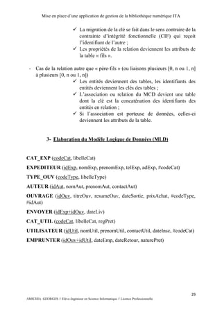 Mise en place d’une application de gestion de la bibliothèque numérique ITA
29
AMICHIA GEORGES // Elève-Ingénieur en Science Informatique // Licence Professionnelle
 La migration de la clé se fait dans le sens contraire de la
contrainte d’intégrité fonctionnelle (CIF) qui reçoit
l’identifiant de l’autre ;
 Les propriétés de la relation deviennent les attributs de
la table « fils ».
- Cas de la relation autre que « père-fils » (ou liaisons plusieurs [0, n ou 1, n]
à plusieurs [0, n ou 1, n])
 Les entités deviennent des tables, les identifiants des
entités deviennent les clés des tables ;
 L’association ou relation du MCD devient une table
dont la clé est la concaténation des identifiants des
entités en relation ;
 Si l’association est porteuse de données, celles-ci
deviennent les attributs de la table.
3- Elaboration du Modèle Logique de Données (MLD)
CAT_EXP (codeCat, libelleCat)
EXPEDITEUR (idExp, nomExp, prenomExp, telExp, adExp, #codeCat)
TYPE_OUV (codeType, libelleType)
AUTEUR (idAut, nomAut, prenomAut, contactAut)
OUVRAGE (idOuv, titreOuv, resumeOuv, dateSortie, prixAchat, #codeType,
#idAut)
ENVOYER (idExp+idOuv, dateLiv)
CAT_UTIL (codeCat, libelleCat, regPret)
UTILISATEUR (idUtil, nomUtil, prenomUtil, contactUtil, dateInsc, #codeCat)
EMPRUNTER (idOuv+idUtil, dateEmp, dateRetour, naturePret)
 