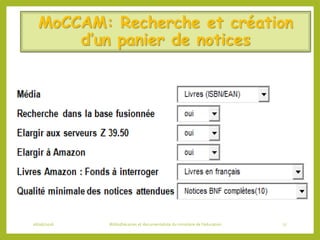 MoCCAM: Recherche et création
d’un panier de notices
06/06/2016 Bibliothécaires et documentaliste du ministère de l’éducation 77
 