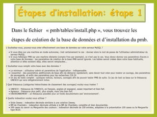 Étapes d’installation: étape 1
Dans le fichier « pmb/tables/install.php », vous trouvez les
étapes de création de la base de données et d’installation du pmb.
06/06/2016 Bibliothécaires et documentaliste du ministère de l’éducation 89
 
