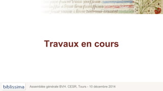 Travaux en cours
Assemblée générale BVH. CESR, Tours - 10 décembre 2014
 