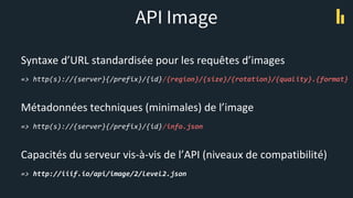 API Image
Syntaxe d’URL standardisée pour les requêtes d’images
=> http(s)://{server}{/prefix}/{id}/{region}/{size}/{rotat...