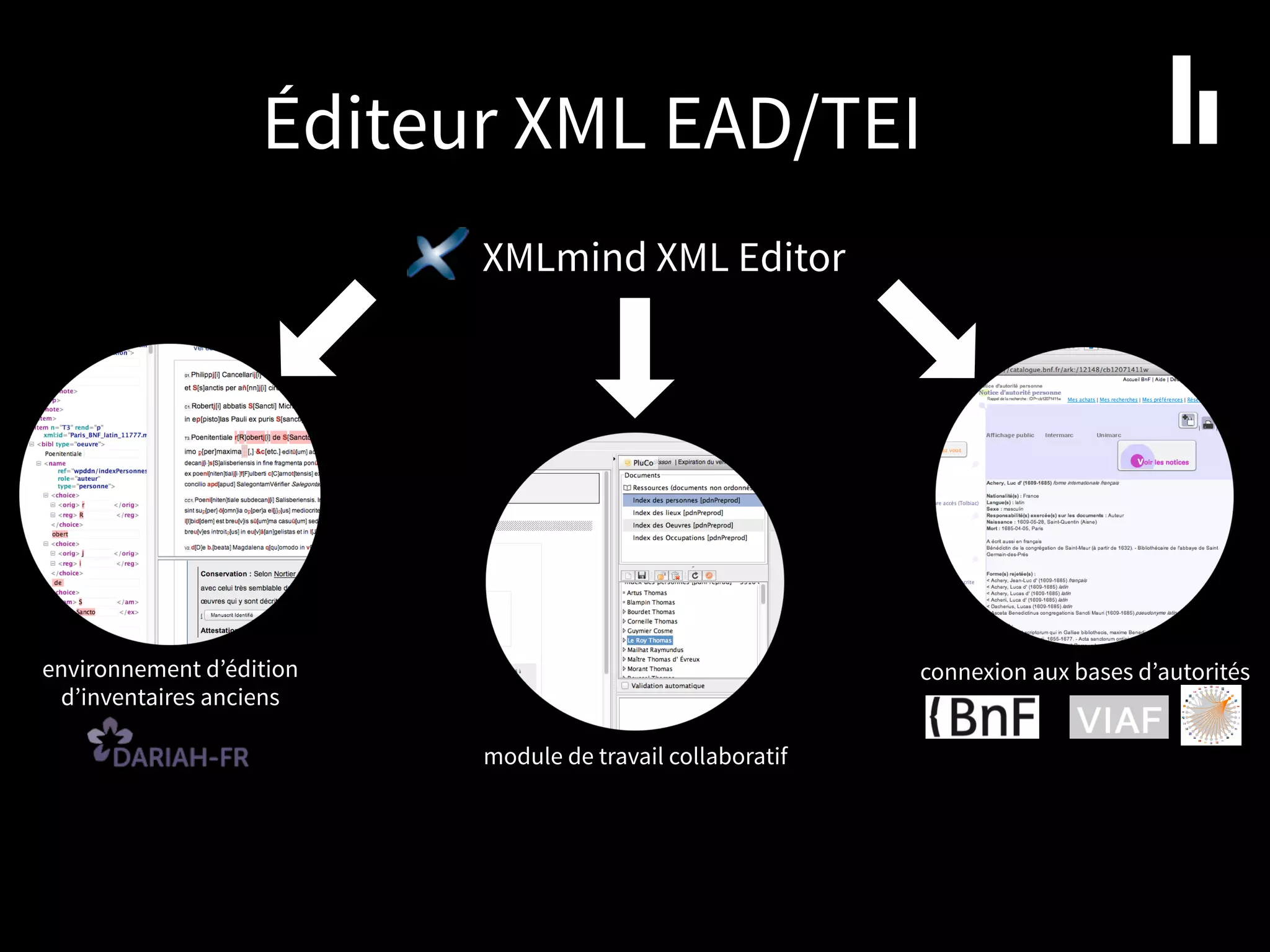 Éditeur XML EAD/TEI
environnement d’édition
d’inventaires anciens
module de travail collaboratif
connexion aux bases d’autorités
XMLmind XML Editor