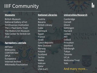 IIIF Community
Museums
British Museum
National Gallery of Art
Smithsonian Institution
The J. Paul Getty Trust
The Walters Art Museum
Yale Center for British Art
Et al.
Agregators / portals
ARTstor
Biblissima
CONTENTdm
DPLA
Europeana
Internet Archive
Wikimedia Foundation
National Libraries
Austria
Bavaria
British Library
Cuba
Denmark
Egypt
France
Israël
Czech Republic
New Zealand
Norway
Poland
Scotland
Serbia
Wales
Vatican
Qatar
USA (LoC) And many more...
Universities/Research
Cambridge
Cornell
Ghent
Göttingen
Harvard
Leiden
MIT
Oxford
Princeton
Stanford
Edinburgh
Tokyo
Toronto
UCLA
Wellcome Trust
Yale
 