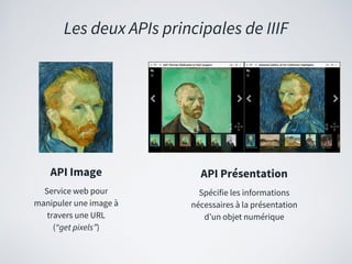 Les deux APIs principales de IIIF
API Image
Service web pour
manipuler une image à
travers une URL
(“get pixels”)
API Présentation
Spécifie les informations
nécessaires à la présentation
d’un objet numérique
 