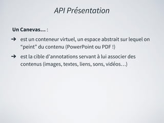 API Présentation
Un Canevas… :
➔ est un conteneur virtuel, un espace abstrait sur lequel on
“peint” du contenu (PowerPoint ou PDF !)
➔ est la cible d’annotations servant à lui associer des
contenus (images, textes, liens, sons, vidéos…)
 