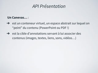API Présentation
Un Canevas… :
➔ est un conteneur virtuel, un espace abstrait sur lequel on
“peint” du contenu (PowerPoint...