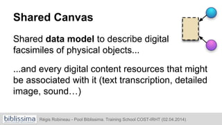 Shared Canvas
Shared data model to describe digital
facsimiles of physical objects...
...and every digital content resources that might
be associated with it (text transcription, detailed
image, sound…)
Régis Robineau - Pool Biblissima. Training School COST-IRHT (02.04.2014)
 