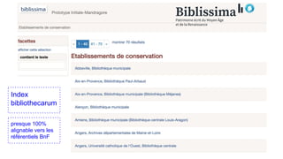 Index
bibliothecarum
presque 100%
alignable vers les
référentiels BnF
 