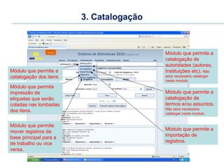 3. Catalogação



                                          Módulo que permite a
                                          catalogação de
                                          autoridades (autores,
Módulo que permite a                      Instituições etc). Não
catalogação dos itens.                    será necessário catalogar
                                          neste modulo.
Módulo que permite
impressão de                              Módulo que permite a
etiquetas que serão                       catalogação de
coladas nas lombadas                      termos e/ou assuntos.
                                          Não será necessário
dos itens.
                                          catalogar neste modulo.


Módulo que permite
mover registros da                        Módulo que permite a
base principal para a                     importação de
de trabalho ou vice                       registros.
versa.
 