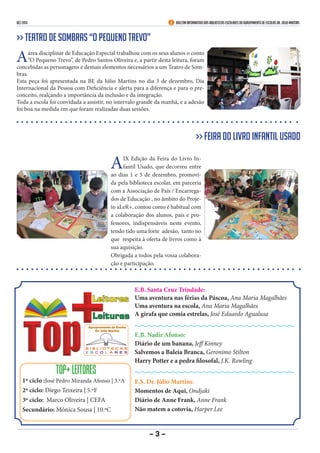 dez 2014 Boletim Informativo das Bibliotecas Escolares do Agrupamento de Escolas Dr. Júlio Martins
TOP+LEITORES
1º ciclo :José Pedro Miranda Afonso | 3.ºA
2º ciclo: Diego Teixeira | 5.ºF
3º ciclo: Marco Oliveira | CEFA
Secundário: Mónica Sousa | 10.ºC
E.B. Santa Cruz Trindade:
Uma aventura nas férias da Páscoa, Ana Maria Magalhães
Uma aventura na escola, Ana Maria Magalhães
A girafa que comia estrelas, José Eduardo Agualusa
E.B. Nadir Afonso:
Diário de um banana, Jeff Kinney
Salvemos a Baleia Branca, Geronimo Stilton
Harry Potter e a pedra filosofal, J.K. Rowling
E.S. Dr. Júlio Martins:
Momentos de Aqui, Ondjaki
Diário de Anne Frank, Anne Frank
Não matem a cotovia, Harper Lee
- 3 -
>> Teatro de sombras “O Pequeno Trevo”
Aárea disciplinar de Educação Especial trabalhou com os seus alunos o conto
“O Pequeno Trevo”, de Pedro Santos Oliveira e, a partir desta leitura, foram
concebidas as personagens e demais elementos necessários a um Teatro de Som-
bras.
Esta peça foi apresentada na BE da Júlio Martins no dia 3 de dezembro, Dia
Internacional da Pessoa com Deficiência e alerta para a diferença e para o pre-
conceito, realçando a importância da inclusão e da integração.
Toda a escola foi convidada a assistir, no intervalo grande da manhã, e a adesão
foi boa na medida em que foram realizadas duas sessões.
>> Feira do Livro Infantil Usado
AIX Edição da Feira do Livro In-
fantil Usado, que decorreu entre
ao dias 1 e 5 de dezembro, promovi-
da pela biblioteca escolar, em parceria
com a Associação de Pais / Encarrega-
dos de Educação , no âmbito do Proje-
to aLeR+, contou como é habitual com
a colaboração dos alunos, pais e pro-
fessores, indispensáveis neste evento,
tendo tido uma forte adesão, tanto no
que respeita à oferta de livros como à
sua aquisição.
Obrigada a todos pela vossa colabora-
ção e participação.
 