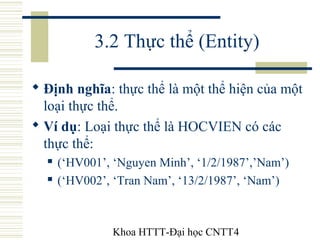 Khoa HTTT-Đại học CNTT4
3.2 Thực thể (Entity)
 Định nghĩa: thực thể là một thể hiện của một
loại thực thể.
 Ví dụ: Loại ...