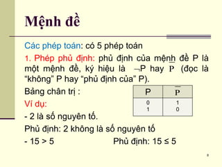 Các phép toán: có 5 phép toán
1. Phép phủ định: phủ định của mệnh đề P là
một mệnh đề, ký hiệu là P hay (đọc là
“không” P...