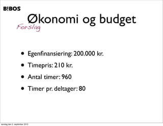 .   .




                  Økonomi og budget
               Forslag



                    • Egenﬁnansiering: 200.000 kr.
                    • Timepris: 210 kr.
                    • Antal timer: 960
                    • Timer pr. deltager: 80

søndag den 5. september 2010
 