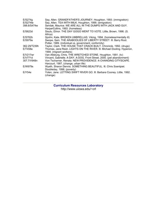 E/S274g        Say, Allen. GRANDFATHER'S JOURNEY. Houghton, 1993. (immigration)
E/S274te       Say, Allen. TEA WITH MILK. Houghton, 1999. (emigration)
398.8/S474w    Sendak, Maurice. WE ARE ALL IN THE DUMPS WITH JACK AND GUY.
               HarperCollins, 1993. (homeless)
E/S623d        Sisulu, Elinor. THE DAY GOGO WENT TO VOTE. Little, Brown, 1996. (S.
               Africa)
E/S762b        Spohn, Kate. BROKEN UMBRELLAS. Viking, 1994. (homeless/mentally ill)
E/S979a        Swope, Sam. THE ARABOOLIES OF LIBERTY STREET. Ill. Barry Root.
               Potter, 1989. (individual vs. government, conformity)
362.29/T239h   Taylor, Clark. THE HOUSE THAT CRACK BUILT. Chronicle, 1992. (drugs)
E/T458e        Thomas, Jane Resh. LIGHTS ON THE RIVER. Ill. Michael Dooling. Hyperion,
               1994. (migrant workers)
E/V217wr       Van Allsburg, Chris. THE WRETCHED STONE. Houghton, 1991. (tv)
E/V771d        Vincent, Gabrielle. A DAY, A DOG. Front Street, 2000. (pet abandonment)
307.7/V948n    Von Tscharner, Renata. NEW PROVIDENCE: A CHANGING CITYSCAPE.
               Harcourt, 1987, (change, urban life)
E/W979s        Wyeth, Sharon Dennis. SOMETHING BEAUTIFUL. Ill. Chris Soentpiet.
               Doubleday, 1998. (poverty)
E/Y54e         Yolen, Jane. LETTING SWIFT RIVER GO. Ill. Barbara Cooney. Little, 1992.
               (change)



                     Curriculum Resources Laboratory
                          http://www.uiowa.edu/~crl
 