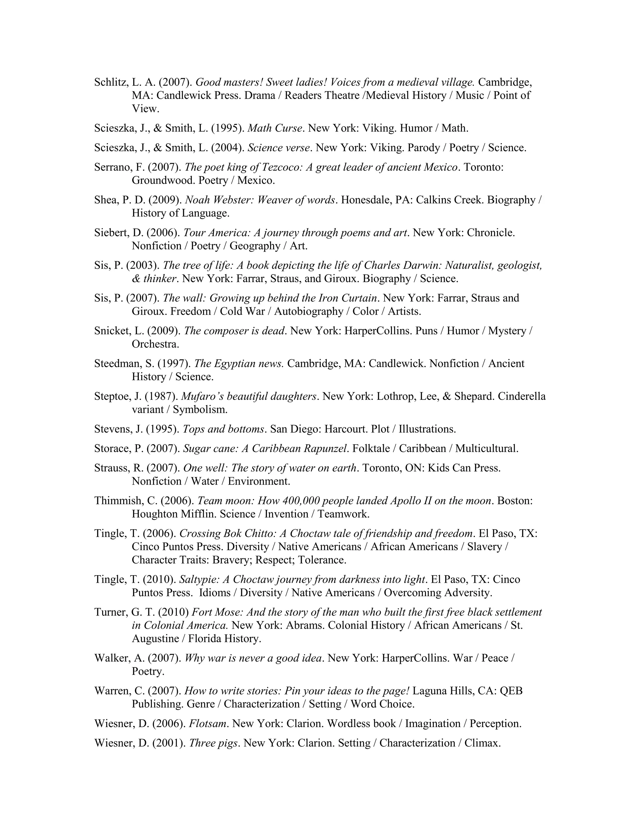 Schlitz, L. A. (2007). Good masters! Sweet ladies! Voices from a medieval village. Cambridge,
         MA: Candlewick Press. Drama / Readers Theatre /Medieval History / Music / Point of
         View.
Scieszka, J., & Smith, L. (1995). Math Curse. New York: Viking. Humor / Math.
Scieszka, J., & Smith, L. (2004). Science verse. New York: Viking. Parody / Poetry / Science.
Serrano, F. (2007). The poet king of Tezcoco: A great leader of ancient Mexico. Toronto:
        Groundwood. Poetry / Mexico.
Shea, P. D. (2009). Noah Webster: Weaver of words. Honesdale, PA: Calkins Creek. Biography /
        History of Language.
Siebert, D. (2006). Tour America: A journey through poems and art. New York: Chronicle.
         Nonfiction / Poetry / Geography / Art.
Sis, P. (2003). The tree of life: A book depicting the life of Charles Darwin: Naturalist, geologist,
         & thinker. New York: Farrar, Straus, and Giroux. Biography / Science.
Sis, P. (2007). The wall: Growing up behind the Iron Curtain. New York: Farrar, Straus and
         Giroux. Freedom / Cold War / Autobiography / Color / Artists.
Snicket, L. (2009). The composer is dead. New York: HarperCollins. Puns / Humor / Mystery /
        Orchestra.
Steedman, S. (1997). The Egyptian news. Cambridge, MA: Candlewick. Nonfiction / Ancient
       History / Science.
Steptoe, J. (1987). Mufaro’s beautiful daughters. New York: Lothrop, Lee, & Shepard. Cinderella
        variant / Symbolism.
Stevens, J. (1995). Tops and bottoms. San Diego: Harcourt. Plot / Illustrations.
Storace, P. (2007). Sugar cane: A Caribbean Rapunzel. Folktale / Caribbean / Multicultural.
Strauss, R. (2007). One well: The story of water on earth. Toronto, ON: Kids Can Press.
        Nonfiction / Water / Environment.
Thimmish, C. (2006). Team moon: How 400,000 people landed Apollo II on the moon. Boston:
      Houghton Mifflin. Science / Invention / Teamwork.
Tingle, T. (2006). Crossing Bok Chitto: A Choctaw tale of friendship and freedom. El Paso, TX:
        Cinco Puntos Press. Diversity / Native Americans / African Americans / Slavery /
        Character Traits: Bravery; Respect; Tolerance.
Tingle, T. (2010). Saltypie: A Choctaw journey from darkness into light. El Paso, TX: Cinco
        Puntos Press. Idioms / Diversity / Native Americans / Overcoming Adversity.
Turner, G. T. (2010) Fort Mose: And the story of the man who built the first free black settlement
        in Colonial America. New York: Abrams. Colonial History / African Americans / St.
        Augustine / Florida History.
Walker, A. (2007). Why war is never a good idea. New York: HarperCollins. War / Peace /
       Poetry.
Warren, C. (2007). How to write stories: Pin your ideas to the page! Laguna Hills, CA: QEB
       Publishing. Genre / Characterization / Setting / Word Choice.
Wiesner, D. (2006). Flotsam. New York: Clarion. Wordless book / Imagination / Perception.
Wiesner, D. (2001). Three pigs. New York: Clarion. Setting / Characterization / Climax.
 