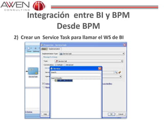 Integración entre BI y BPM
Desde BPM
2) Crear un Service Task para llamar el WS de BI
 