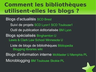 Comment les bibliothèques utilisent-elles les blogs ? Blogs d'actualités   SCD Brest Suivi de projets   SCD Lyon1   SCD Toulouse1 Outil de publication éditorialisée  BM Lyon Blogs spécialisés  Binghamton U   Lewis & Clark Law School   Minnesota U   Liste de blogs de bibliothèques   Bibliopedia   Blogging libraries wiki Blogs d'information interne  McMaster U   Memphis PL Microblogging  BM Toulouse   Skokie PL 