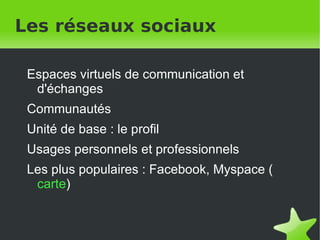 Les réseaux sociaux Espaces virtuels de communication et d'échanges Communautés Unité de base : le profil Usages personnels et professionnels Les plus populaires : Facebook, Myspace ( carte ) 