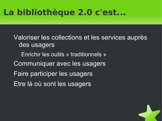 La bibliothèque 2.0 c'est... Valoriser les collections et les services auprès des usagers Enrichir les outils « traditionnels » Communiquer avec les usagers Faire participer les usagers Etre là où sont les usagers 