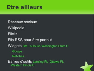 Etre ailleurs Réseaux sociaux Wikipedia Flickr Fils RSS pour être partout Widgets  BM Toulouse   Washington State U   Google Netvibes Barres d'outils  Lansing PL   Ottawa PL   Western Illinois U 