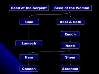Seed of the Woman Seed of the Serpent Abel & Seth Cain Lamech Enoch Noah Shem Ham Abraham Canaan 