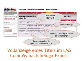 Vollanzeige eines Titels im LMS CommSy nach beluga-Export Zitierformat (Harvard) Link zu beluga geplant: Verfügbarkeits-informationen Inhaltsverzeichnis, geplant: Titelbilder u.a. 