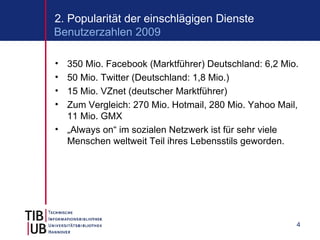 2. Popularität der einschlägigen Dienste
Benutzerzahlen 2009

• 350 Mio. Facebook (Marktführer) Deutschland: 6,2 Mio.
• 50 Mio. Twitter (Deutschland: 1,8 Mio.)
• 15 Mio. VZnet (deutscher Marktführer)
• Zum Vergleich: 270 Mio. Hotmail, 280 Mio. Yahoo Mail,
  11 Mio. GMX
• „Always on“ im sozialen Netzwerk ist für sehr viele
  Menschen weltweit Teil ihres Lebensstils geworden.




                                                      4
 