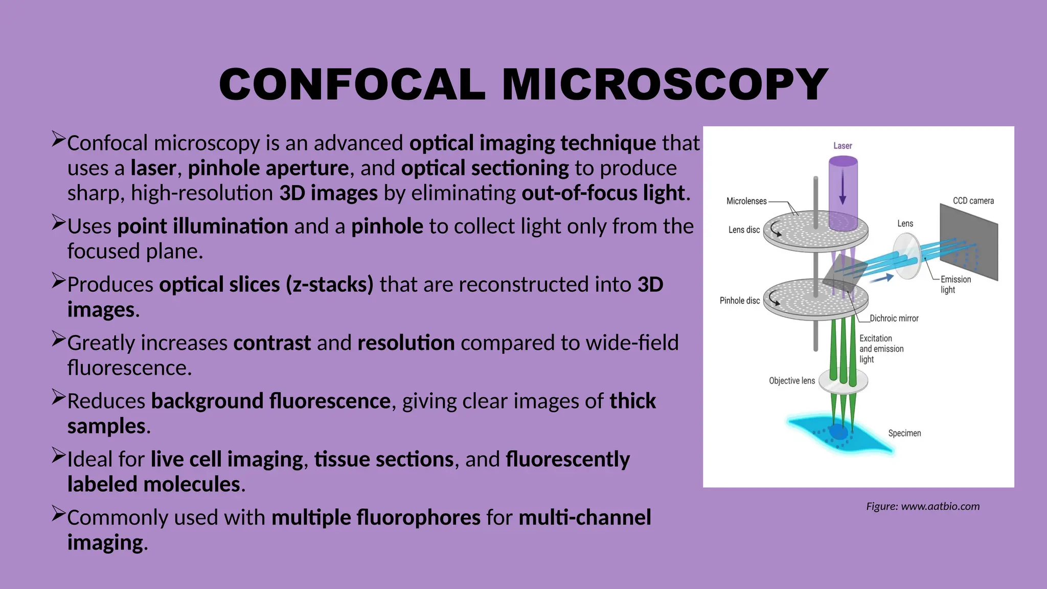CONFOCAL MICROSCOPY
Confocal microscopy is an advanced optical imaging technique that
uses a laser, pinhole aperture, and optical sectioning to produce
sharp, high-resolution 3D images by eliminating out-of-focus light.
Uses point illumination and a pinhole to collect light only from the
focused plane.
Produces optical slices (z-stacks) that are reconstructed into 3D
images.
Greatly increases contrast and resolution compared to wide-field
fluorescence.
Reduces background fluorescence, giving clear images of thick
samples.
Ideal for live cell imaging, tissue sections, and fluorescently
labeled molecules.
Commonly used with multiple fluorophores for multi-channel
imaging.
Figure: www.aatbio.com
 