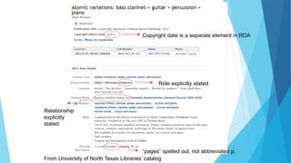 From University of North Texas Libraries’ catalog
Copyright date is a separate element in RDA
Role explicitly stated
Relationship
explicitly
stated
“pages” spelled out, not abbreviated p.
 