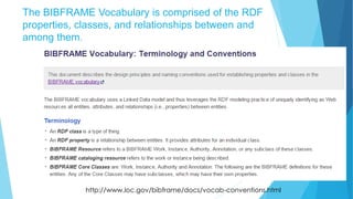 49
http://www.loc.gov/bibframe/docs/vocab-conventions.html
The BIBFRAME Vocabulary is comprised of the RDF
properties, classes, and relationships between and
among them.
 