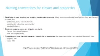 Naming conventions for classes and properties
http://www.loc.gov/bibframe/docs/vocab-conventions.html
 