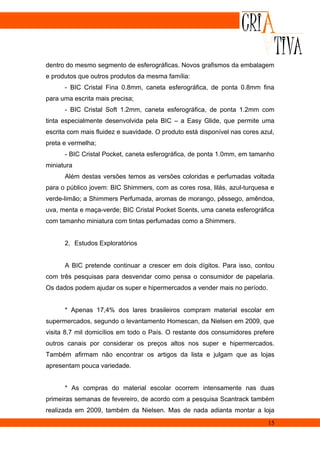 dentro do mesmo segmento de esferográficas. Novos grafismos da embalagem
e produtos que outros produtos da mesma família:
      - BIC Cristal Fina 0.8mm, caneta esferográfica, de ponta 0.8mm fina
para uma escrita mais precisa;
      - BIC Cristal Soft 1.2mm, caneta esferográfica, de ponta 1.2mm com
tinta especialmente desenvolvida pela BIC – a Easy Glide, que permite uma
escrita com mais fluidez e suavidade. O produto está disponível nas cores azul,
preta e vermelha;
      - BIC Cristal Pocket, caneta esferográfica, de ponta 1.0mm, em tamanho
miniatura
      Além destas versões temos as versões coloridas e perfumadas voltada
para o público jovem: BIC Shimmers, com as cores rosa, lilás, azul-turquesa e
verde-limão; a Shimmers Perfumada, aromas de morango, pêssego, amêndoa,
uva, menta e maça-verde; BIC Cristal Pocket Scents, uma caneta esferográfica
com tamanho miniatura com tintas perfumadas como a Shimmers.


      2. Estudos Exploratórios


      A BIC pretende continuar a crescer em dois dígitos. Para isso, contou
com três pesquisas para desvendar como pensa o consumidor de papelaria.
Os dados podem ajudar os super e hipermercados a vender mais no período.


      * Apenas 17,4% dos lares brasileiros compram material escolar em
supermercados, segundo o levantamento Homescan, da Nielsen em 2009, que
visita 8,7 mil domicílios em todo o País. O restante dos consumidores prefere
outros canais por considerar os preços altos nos super e hipermercados.
Também afirmam não encontrar os artigos da lista e julgam que as lojas
apresentam pouca variedade.


      * As compras do material escolar ocorrem intensamente nas duas
primeiras semanas de fevereiro, de acordo com a pesquisa Scantrack também
realizada em 2009, também da Nielsen. Mas de nada adianta montar a loja
                                                                            15
 