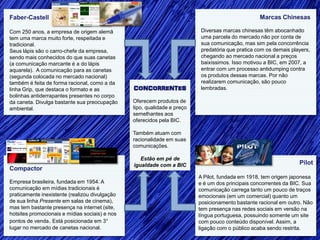 Faber-Castell                                                                                      Marcas Chinesas

Com 250 anos, a empresa de origem alemã                                    Diversas marcas chinesas têm abocanhado
tem uma marca muito forte, respeitada e                                    uma parcela do mercado não por conta de
tradicional.                                                               sua comunicação, mas sim pela concorrência
Seus lápis são o carro-chefe da empresa,                                   predatória que pratica com os demais players,
sendo mais conhecidos do que suas canetas                                  chegando ao mercado nacional a preços
(a comunicação marcante é a do lápis                                       baixíssimos. Isso motivou a BIC, em 2007, a
aquarela). A comunicação para as canetas                                   entrar com um processo antidumping contra
(segunda colocada no mercado nacional)                                     os produtos dessas marcas. Por não
também é feita de forma racional, como a da                                realizarem comunicação, são pouco
linha Grip, que destaca o formato e as          CONCORRENTES               lembradas.
bolinhas antiderrapantes presentes no corpo
da caneta. Divulga bastante sua preocupação     Oferecem produtos de
ambiental.                                      tipo, qualidade e preço
                                                semelhantes aos
                                                oferecidos pela BIC.

                                                Também atuam com
                                                racionalidade em suas
                                                comunicações.

                                                   Estão em pé de
                                                igualdade com a BIC                                                Pilot
Compactor
                                                                          A Pilot, fundada em 1918, tem origem japonesa
Empresa brasileira, fundada em 1954. A                                    e é um dos principais concorrentes da BIC. Sua
comunicação em mídias tradicionais é                                      comunicação carrega tanto um pouco de traços
praticamente inexistente (realizou divulgação                             emocionais (em um comercial) quanto um
de sua linha Presente em salas de cinema),                                posicionamento bastante racional em outro. Não
mas tem bastante presença na internet (site,                              tem presença nas redes sociais em versão na
hotsites promocionais e mídias sociais) e nos                             língua portuguesa, possuindo somente um site
pontos de venda. Está posicionada em 3°                                   com pouco conteúdo disponível. Assim, a
lugar no mercado de canetas nacional.                                     ligação com o público acaba sendo restrita.
 