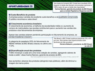“[em teste do Inmetro] BIC Cristal teve resultado 50%

OPORTUNIDADES (1)
                                                              superior à média das demais concorrentes nacionais e
                                                              106% maior do que a média das importadas”
                                                                Carina Narcizo, gerente de produto da BIC Brasil,
                                                                       para a revista Papelaria e Negócios (ed.81)

1) Custo-Benefício do produto
A empresa possui canetas de excelente custo-benefício e de qualidade comprovada.
O público reconhece e sabe disso!

2) Crescimento econômico brasileiro
O crescimento da economia, a melhoria da escolaridade média e o aumento do
número de matriculados nas escolas contribuíram para o aumento nas vendas dos
produtos e dos faturamentos da empresa.

Apesar das canetas estarem perdendo participação no faturamento da empresa, as
vendas brasileiras crescem.
                                                              “No Brasil, a BIC Cristal continua crescendo 3% a 4%
                                                              por ano. Nos países mais desenvolvidos esse
A categoria de papelaria (35% do faturamento de               fenômeno já não acontece.”
R$540 milhões da BIC Brasil) cresceu no último ano                     Horácio Balseiro, presidente da BIC Brasil,
11,9%.                                                                                                    ao site G1

3) Diversificação anual dos produtos
“A BIC irá lançar a cada ano uma nova coleção de canetas, agregando valores de
moda e estilo”, disse Carina Narcizo, gerente de produto da BIC.
                          http://www.papelariaenegocios.com.br/edicoes.asp?id_edicao=81&id_materia=391


Isso aumenta o alcance dos produtos (atingindo mais públicos), além de diminuir a
imagem de marca pobre.
 
