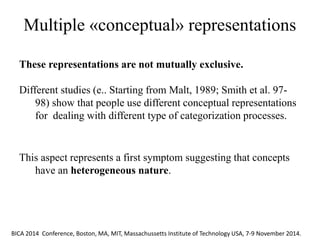 Multiple «conceptual» representations 
The different proposals that have been advanced can be grouped in three main classes: a) fuzzy approaches, b) probabilistic and Bayesan approaches, c) approaches based on non-monotonic formalisms. 
These representations are not mutually exclusive. 
Different studies (e.. Starting from Malt, 1989; Smith et al. 97- 98) show that people use different conceptual representations for dealing with different type of categorization processes. 
This aspect represents a first symptom suggesting that concepts have an heterogeneous nature. 
BICA 2014 Conference, Boston, MA, MIT, Massachussetts Institute of Technology USA, 7-9 November 2014.  