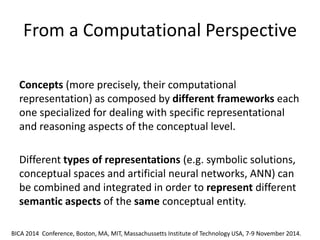 From a Computational Perspective 
Concepts (more precisely, their computational representation) as composed by different frameworks each one specialized for dealing with specific representational and reasoning aspects of the conceptual level. 
Different types of representations (e.g. symbolic solutions, conceptual spaces and artificial neural networks, ANN) can be combined and integrated in order to represent different semantic aspects of the same conceptual entity. 
BICA 2014 Conference, Boston, MA, MIT, Massachussetts Institute of Technology USA, 7-9 November 2014.  
