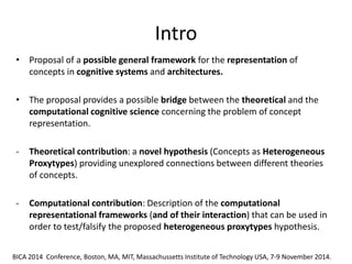 Intro 
•Proposal of a possible general framework for the representation of concepts in cognitive systems and architectures. 
•The proposal provides a possible bridge between the theoretical and the computational cognitive science concerning the problem of concept representation. 
-Theoretical contribution: a novel hypothesis (Concepts as Heterogeneous Proxytypes) providing unexplored connections between different theories of concepts. 
-Computational contribution: Description of the computational representational frameworks (and of their interaction) that can be used in order to test/falsify the proposed heterogeneous proxytypes hypothesis. 
BICA 2014 Conference, Boston, MA, MIT, Massachussetts Institute of Technology USA, 7-9 November 2014.  