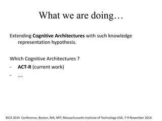What we are doing… 
The different proposals that have been advanced can be grouped in three main classes: a) fuzzy approaches, b) probabilistic and Bayesan approaches, c) approaches based on non-monotonic formalisms. 
Extending Cognitive Architectures with such knowledge representation hypothesis. Which Cognitive Architectures ? 
-ACT-R (current work) 
-…. 
BICA 2014 Conference, Boston, MA, MIT, Massachussetts Institute of Technology USA, 7-9 November 2014.  