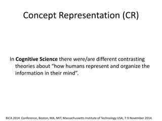 Concept Representation (CR) 
In Cognitive Science there were/are different contrasting theories about “how humans represent and organize the information in their mind”. 
BICA 2014 Conference, Boston, MA, MIT, Massachussetts Institute of Technology USA, 7-9 November 2014.  