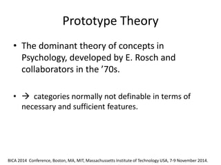 Prototype Theory 
•The dominant theory of concepts in Psychology, developed by E. Rosch and collaborators in the ’70s. 
• categories normally not definable in terms of necessary and sufficient features. 
BICA 2014 Conference, Boston, MA, MIT, Massachussetts Institute of Technology USA, 7-9 November 2014.  
