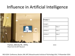 Influence in Artificial Intelligence 
…. 
Frames, (Minsky M., 1975). 
Photo from the MIT Museum 
Frame 1 
Concept 1 
Attribute 1 
Value 1 
Attribute 2 
Value 2 
Attribute 3 
Value 3 
… 
… 
BICA 2014 Conference, Boston, MA, MIT, Massachussetts Institute of Technology USA, 7-9 November 2014.  