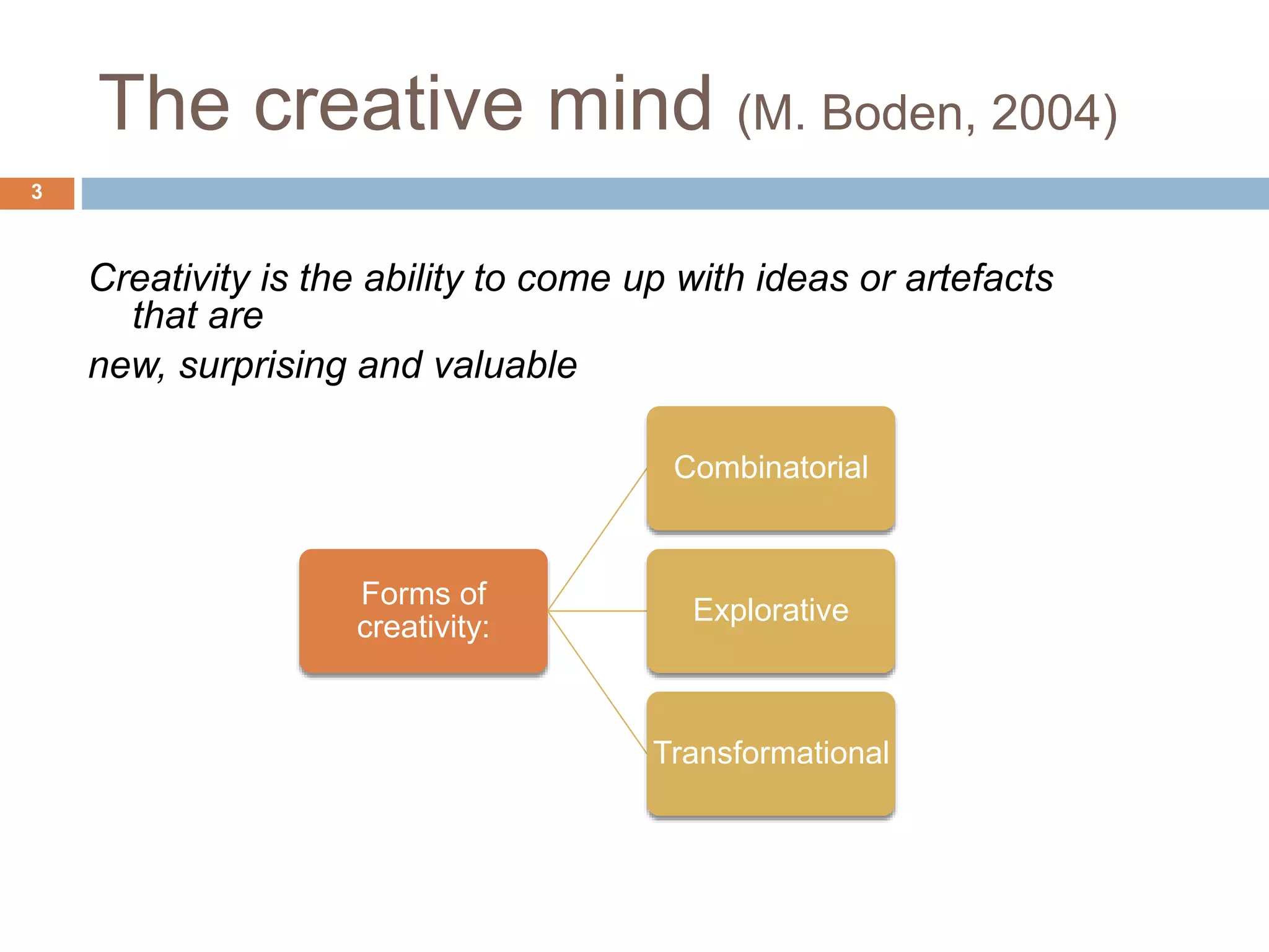 The creative mind (M. Boden, 2004) 3 Creativity is the ability to come up with ideas or artefacts that are new, surprising and valuable Forms of creativity: Combinatorial Explorative Transformational 