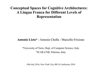 Conceptual Spaces for Cognitive Architectures:
A Lingua Franca for Different Levels of
Representation
Antonio Lieto* - Antonio Chella - Marcello Frixione
*University of Turin, Dept. of Computer Science, Italy
*ICAR-CNR, Palermo, Italy
18th July 2016, New York City, BICA Conference 2016
 