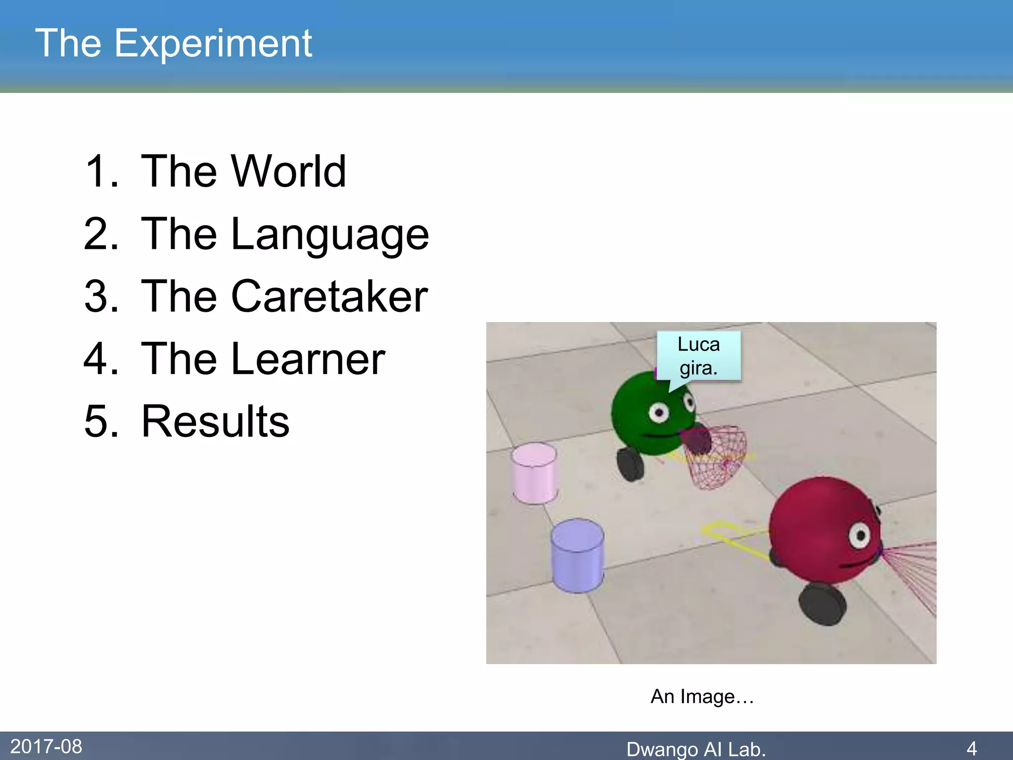 2017-08 Dwango AI Lab. 4
The Experiment
1. The World
2. The Language
3. The Caretaker
4. The Learner
5. Results
Luca
gira.
An Image…
 