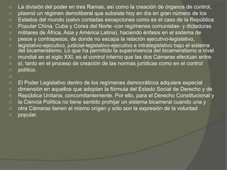  La división del poder en tres Ramas, así como la creación de órganos de control, 
 plasmó un régimen demoliberal que subsiste hoy en día en gran número de los 
 Estados del mundo (salvo contadas excepciones como es el caso de la República 
 Popular China, Cuba y Corea del Norte -con regímenes comunistas- y dictaduras 
 militares de África, Asia y América Latina), haciendo énfasis en el sistema de 
 pesos y contrapesos, de donde no escapa la relación ejecutivo-legislativo, 
 legislativo-ejecutivo, judicial-legislativo-ejecutivo e intralegislativo bajo el sistema 
del bicameralismo. Lo que ha permitido la supervivencia del bicameralismo a nivel 
 mundial en el siglo XXI, es el control interno que las dos Cámaras efectúan entre 
 sí, tanto en el proceso de creación de las normas jurídicas como en el control 
 político. 
 
 El Poder Legislativo dentro de los regímenes democráticos adquiere especial 
 dimensión en aquellos que adoptan la fórmula del Estado Social de Derecho y de 
 República Unitaria, concomitantemente. Por ello, para el Derecho Constitucional y 
 la Ciencia Política no tiene sentido prohijar un sistema bicameral cuando una y 
 otra Cámaras tienen el mismo origen y sólo son la expresión de la voluntad 
 popular. 
 
