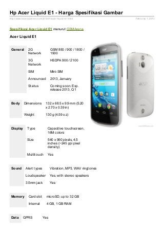 Hp Acer Liquid E1 - Harga Spesifikasi Gambar
http://www.bicaraponsel.com/2013/01/acer- liquid- e1.html           Februray 1, 2013



Spesif ikasi Acer Liquid E1 menurut GSMArena.

Acer Liquid E1


 General        2G                  GSM 850 / 900 / 1800 /
                Network             1900

                3G                  HSDPA 900 / 2100
                Network

                SIM                 Mini-SIM

                Announced           2013, January

                Status              Coming soon. Exp.
                                    release 2013, Q1



 Body       Dimensions          132 x 68.5 x 9.9 mm (5.20
                                x 2.70 x 0.39 in)

            Weight              130 g (4.59 oz)



 Display        Type              Capacitive touchscreen,
                                  16M colors

                Size              540 x 960 pixels, 4.5
                                  inches (~245 ppi pixel
                                  density)

                Multitouch        Yes



 Sound        Alert types           Vibration, MP3, WAV ringtones

              Loudspeaker           Yes, with stereo speakers

              3.5mm jack            Yes



 Memory          Card slot       microSD, up to 32 GB

                 Internal        4 GB, 1 GB RAM



 Dat a      GPRS             Yes
 