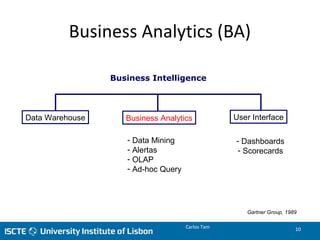 Business Analytics (BA)
Business Intelligence
Data Warehouse Business Analytics User Interface
- Data Mining
- Alertas
- OLAP
- Ad-hoc Query
- Dashboards
- Scorecards
Gartner Group, 1989
Carlos Tam 10
 