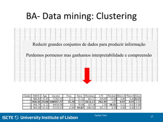 BA- Data mining: Clustering
Reduzir grandes conjuntos de dados para produzir informação
Perdemos pormenor mas ganhamos interpretabilidade e compreensão
Carlos Tam 17
 
