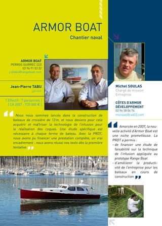 ARMOR BOAT




                                                                 >
                                         Chantier naval



          ARMOR BOAT
    PERROS GUIRREC (22)
           02 96 91 03 32
  j-ptabu@rangeboat.com



   Jean-Pierre TABU                                                Michel SOULAS
                  gérant                                           Chargé de mission
                                                                   Entreprise
[ Effectif : 7 personnes ]
                                                                   CôTES D’ARMOR
  [ CA 2007 : 720 000 € ]
                                                                   DéVELOPPEMENT
                                                                   02 96 58 06 74
       Nous nous sommes lancés dans la construction de             msoulas@cad22.com
     bateaux de croisière de 12 m, et nous devions pour cela
     acquérir et maîtriser la technologie de l’infusion pour
                                                                       Amorcée en 2007, la nou-
     la réalisation des coques. Une étude spécifique est
                                                                 velle activité d’Armor Boat est
     nécessaire à chaque forme de bateau. Avec la PRDT,
                                                                 une niche prometteuse. La
     nous avons pu financer une prestation complète, un vrai
                                                                 PRDT a permis :
     encadrement : nous avons réussi nos tests dès la première
                                                                 - de financer une étude de
     tentative.
                                                                   faisabilité sur la technique
                                                                   de l’infusion appliquée au
                                                                   prototype Range Boat
                                                                 - d’améliorer la producti-
                                                                   vité de l’entreprise pour les
                                                                   bateaux en cours de
                                                                   construction
 